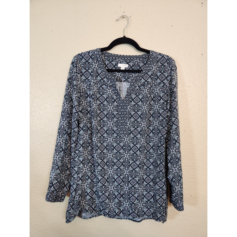 J. Jill Womens Medium Blue‎ Geometric Rayon Tunic Split Neck Long Sleeve Top